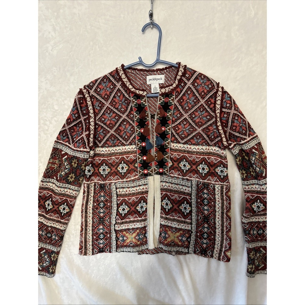 Peck & Peck Cardigan Sweater Womens Size S Aztec Print Boho Artsy Wool Blend
